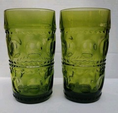 Set Of 2 Indian Glass Kings Crown or Thumbprint Tumblers, Avocado Green