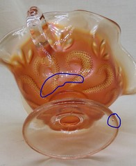Dugan Question Marks Two-Handled Footed Bonbon in Marigold Carnival Glass