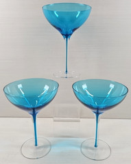(3) Pier 1 Blue Drip Martini Glasses Set Elegant Table Dining Clear Stemware Lot