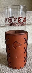 Libbey Bamco Western Cowboy Glass w/ Horse Head Tooled Leather 7.25” 1960’s EUC