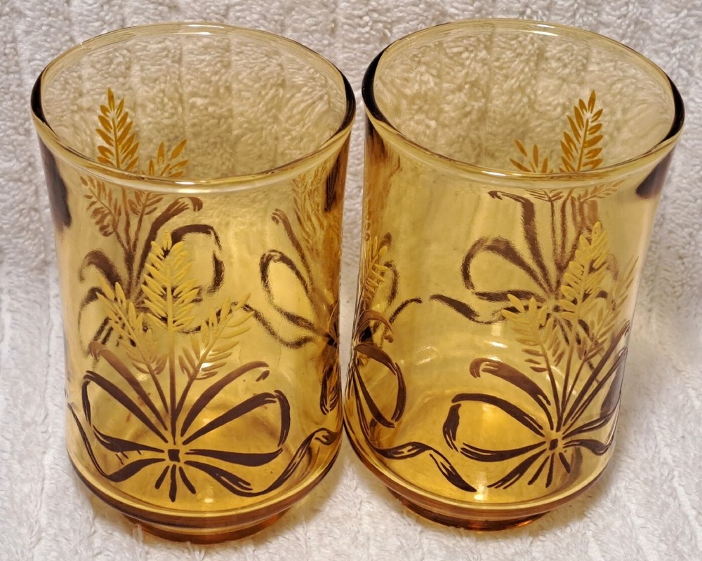 Vintage Libbey Juice Glasses Amber Golden Wheat Stem Bouquet Ribbon 6 oz Pr Set
