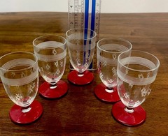 Vintage European cordial Glasses Ruby Red Enamel footed Etched Diamond Five