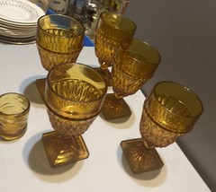 Indiana Vintage Glass Mid Century Amber Goblets Set 5 Diamond Optic Square Base