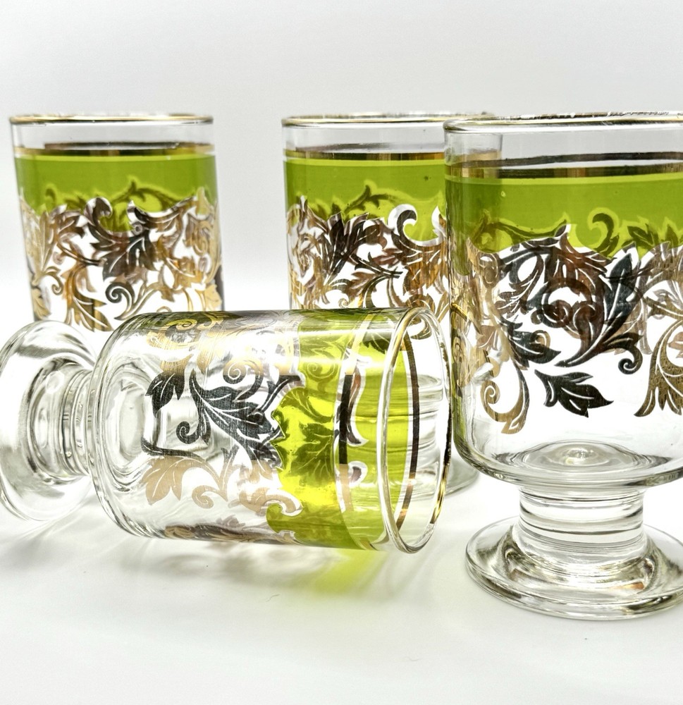 Vintage MCM Highball/Rocks Glasses (5) Green Gold Gilt Leaf Design Footed 1970’s