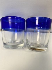 2 Mexican Hand Blown Cobalt Blue Rim Glass Tumbler Rough Pontil Bubble Low Ball