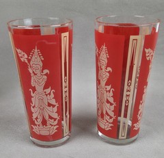 6 Vintage Culver Glass Mandaly Red Siam Thai Goddess Drinking Glasses 16 oz