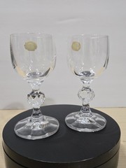 2 Czech Claudia Crystal Cordial Glasses Liqueur Shot Faceted Ball Stem VTG