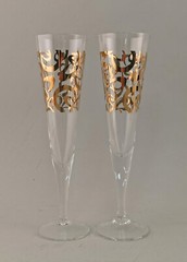 9135276-d Pair Champagne Flutes Glasses Gold Decor Vintage Height 9 5/8in