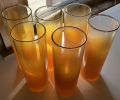 Vintage MCM Ombre Highball Glasses w/Pitcher 7 Pc Set Orange Amber Gold Rim