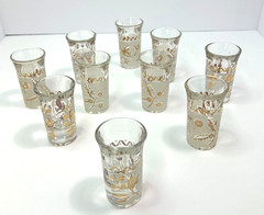 Shot Glasses Mid‑Century Gold Dove Set of 10, 1 1/2″ Rim, Vintage MCM Barware