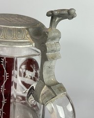 Antique Bohemian Souvenir Lidded Mug/Stain 6.25”H Etched Glass Ruby Red/Clear