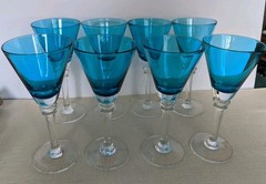 Set of 8 Turquoise Blue & Clear Stem Wine Water 8.5″ Tall Glasses