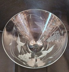 Stunning Luminescence Crystal Mouth Blown Martini Glass Etched Grapes/Leaves NWT