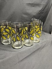 6 Vintage MCM 6” Clear Glass Tumblers With Raised Green Enamel Leaves