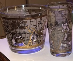 Vintage Cera 22k Gold Trim Glass World Map & Matching Ice Bucket Nice!