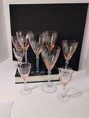 Fostoria-Rose, water goblet. Set of 6, 8″ and 3, 5.5″. Total of 9 glasses.