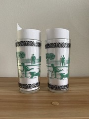 Pair of Vintage MCM Drinking Glasses with Victorian Park Scene Dogs Bicycle