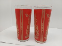 2 1960 Mid Century Culver Red Gold Siam Thai Goddess Drinking Glasses Tumblers