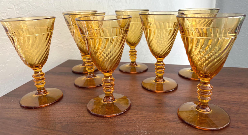 Set of 8 Duncan & Miller Spiral Flutes Amber Water Goblet 6″ Tall