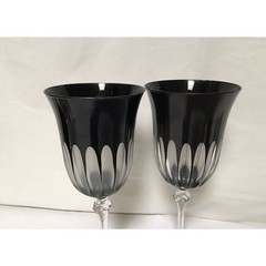 Vintage Italian Black Cut Crystal Hand Blown Wine Glass Set of 2 Italy Barware