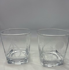 Harry Potter Set Of 2 Low Ball Glasses Hogwarts Castle Deathly Hallow Etched