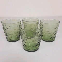 Vintage MCM Green Crinkle Glass Drinking Glasses 8 oz. Set of 4 Retro Tumblers