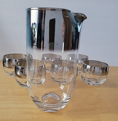 Set of 6 MCM Dorothy Thorpe Style Silver Band Roly Poly Glasses – plus pitcher