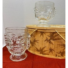 Pair of Tiki Glass Goblets Double Face Design, Pedestal Base, Polynesian Bowl