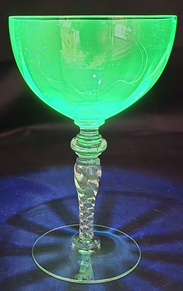 Tiffin-Franciscan Green Optic Uranium Glass Champagne Wine Cocktail 6″ Vintage
