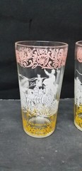 2 HAZEL ATLAS «AMERICANA TO FAR-AWAY PLACES» YELLOW PINK WHITE GLASS TUMBLERS