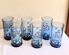 6 Libbey Smoky Blue Ivy Floral Glass Tumblers Vintage 12 oz Retro Drinkware Set