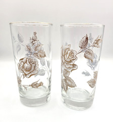 6 Vintage Libbey Rose Bouquet Pattern Gold Rim Tumblers Drinking Glasses -5 1/4″