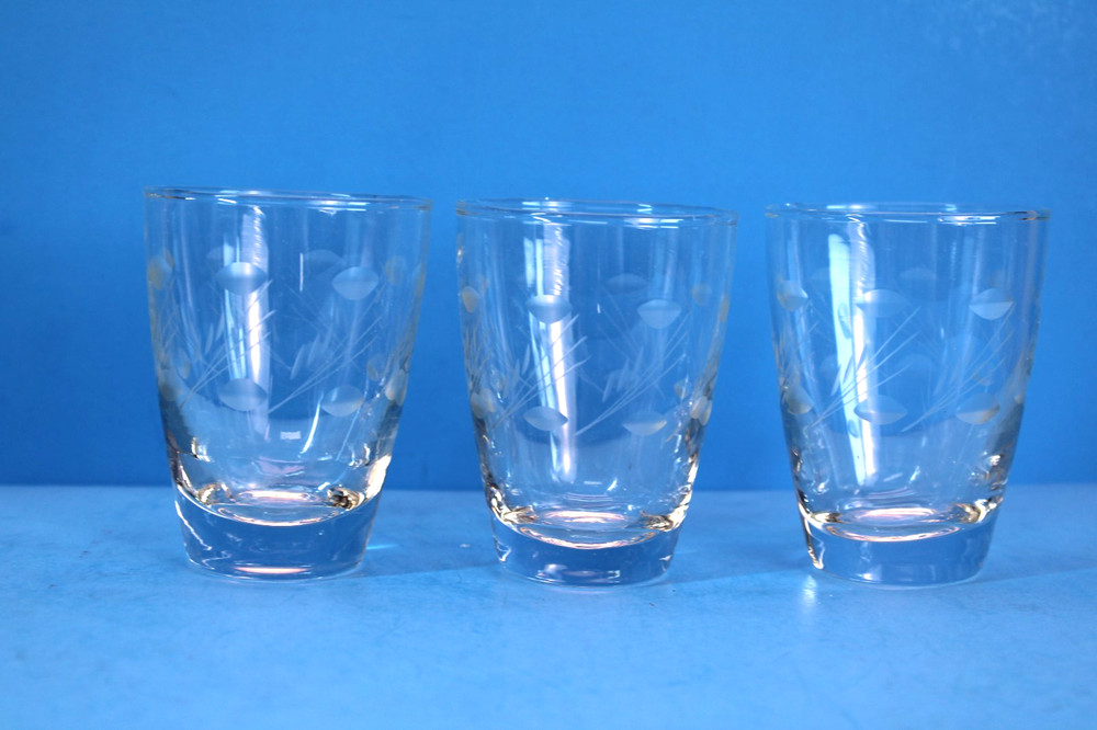 Vtg MCM Libbey Windswept 6 oz. Juice Glasses Etched Leaf/Wheat x3 LNC