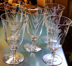 Vtg Set 5 Hand Cut Floral & Arch OPTIC DEPRESSION GLASS Iced Tea Goblets 6.25″