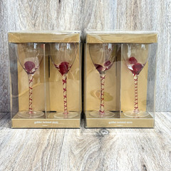 Pier 1 Imports Hand Blown Goblets Twisted Stem Red Swirl (7) Wine Glasses w/Box