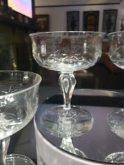 (4) Champagne Sherbet Glasses, facet bubble stem cut glass Floral «Rock Crystal»
