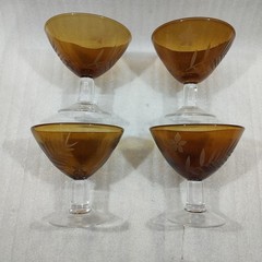 VTG Hand Blown Glassware (4) Etched Amber Stem Martini Cocktail Dessert 5″