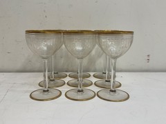 Set of 9 Vintage Mid-Century Etched Crystal Cordial Glasses with Gold Rim