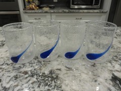 4 VTG Coblat Blue Ribbon Hand Blown Bubble Art Glass 3 3/4″ Tumblers Japan EUC