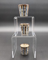 Vintage Blue Brown Pottery Sake Cups Shot Glasses Drip Earthenware Set Of 3