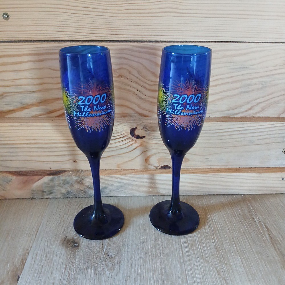 Cobalt Blue Glass Champagne Flutes Pair Year 2000 New Millennium Fireworks 6 Oz