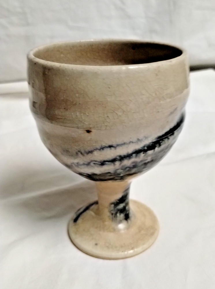 Studio Art Pottery Tan Brown with Black Swirl Stoneware Goblet 4.5″ High Chalice