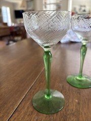 4 Tiffin Cordials Persian Pheasant Etched Glass With Nile Green Uranium Base