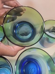 6 Blown Glass Tumblers Green And Cobalt Blue 3.5″ Each