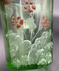 Victorian Green Glass Tumbler Uranium Optic Rib Hand Painted Floral