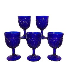 Vintage Set 5 Cobalt Blue Glass Double Ring Water Wine Goblets LG Wright 6″ Tall