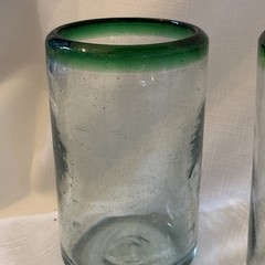 Hand Blown Mexican Drinking Glasses Set Of 2 Clear Emerald Green Rim