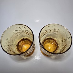 vtg set of 2 libbey amber glass country garden daisy flower 5” boho water tumble