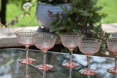 Antique Needle Etched PINK Cocktail ~ Martini Glasses, circa 1920’s Coupes