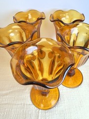 Vintage Amber Glass Dessert Cups Set 5 Pedestal Ruffled Edge Sundae Parfait
